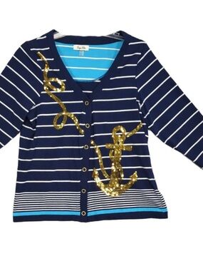 Breton Navy & White Striped Cardigan with GLAM Sequin Anchor! EUC